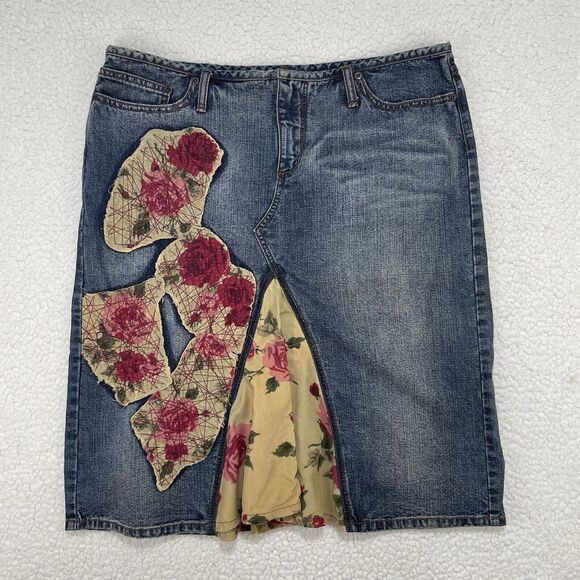 Vtg Express Denim Patchwork Skirt 13/14 Floral Corduroy Pleats